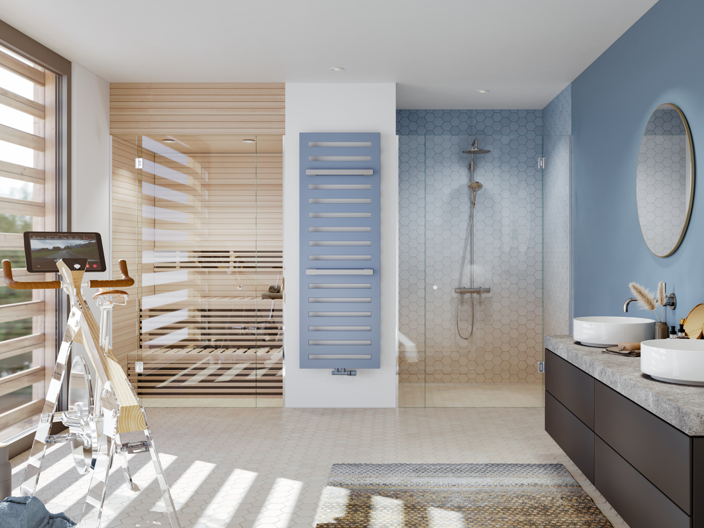 Salle de bains avec corps de chauffe, bleu clair