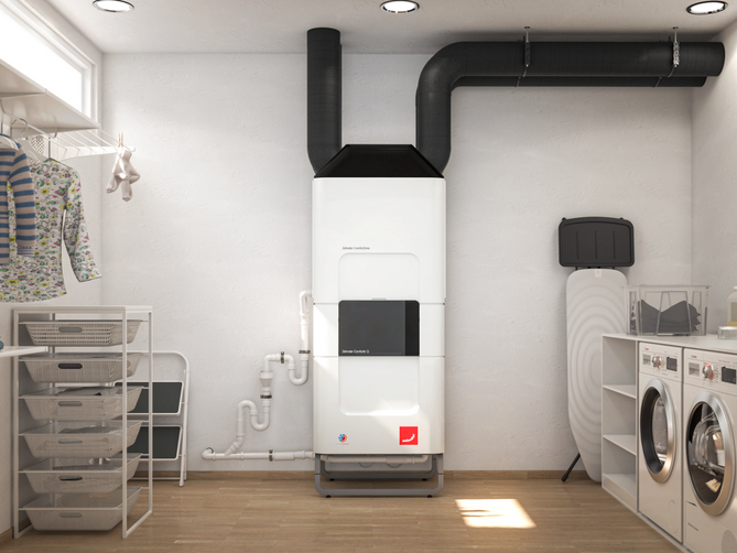 ComfoClime installé avec un appareil de ventilation dans la buanderie