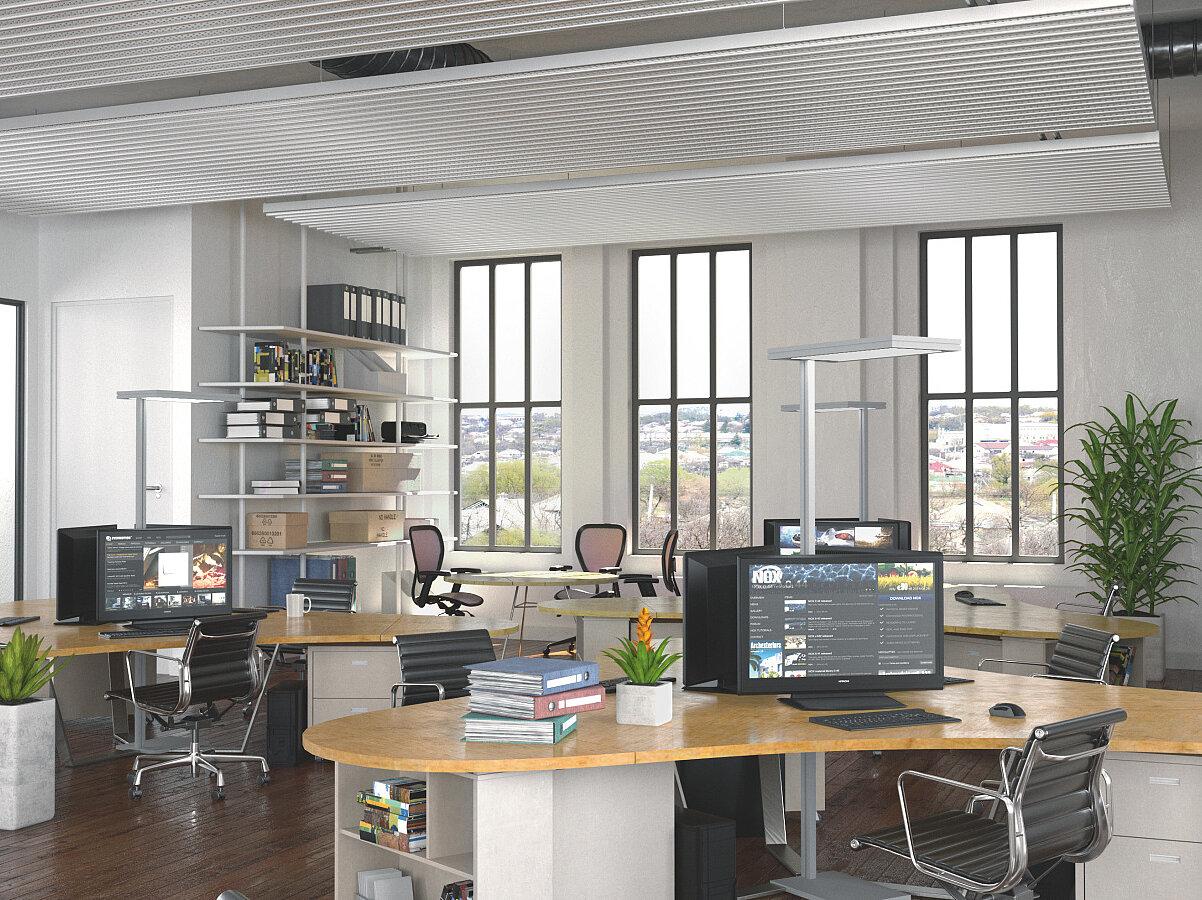Rendering Zehnder ZFP Urban Heating and cooling ceiling system Angled view